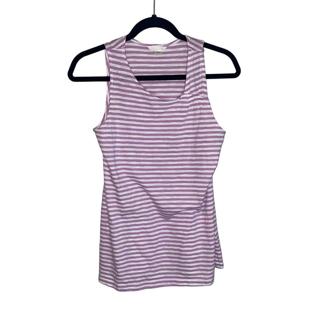 Caslon Womens Tank Top XS Purple White Striped Sleeveless Pullover Scoop Neck